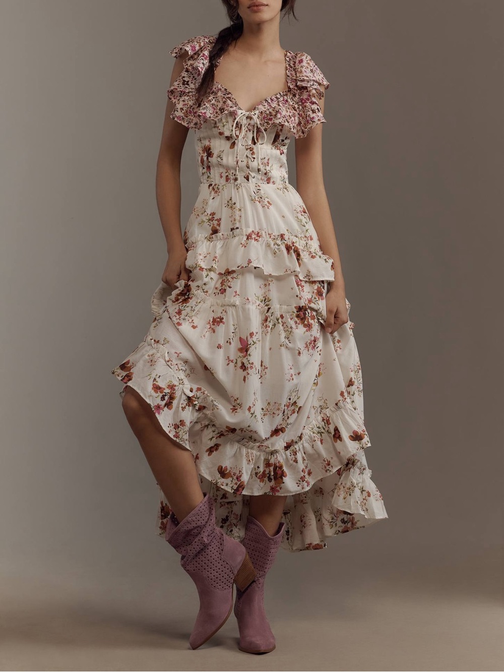 Anthropologie Maeve Ruffle-Sleeve V-Neck Lace-Up Midi Dress